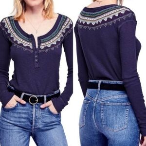 NWOT Free People Fair Isle Thermal Henley Top XS Blue